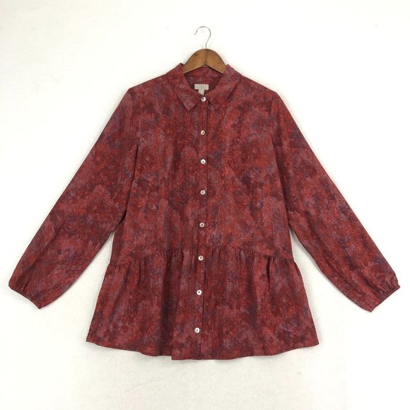 LOGO Lori Goldstein Women's Size Medium Red Printed Long Sleeve Collared Blouse - Picture 1 of 9